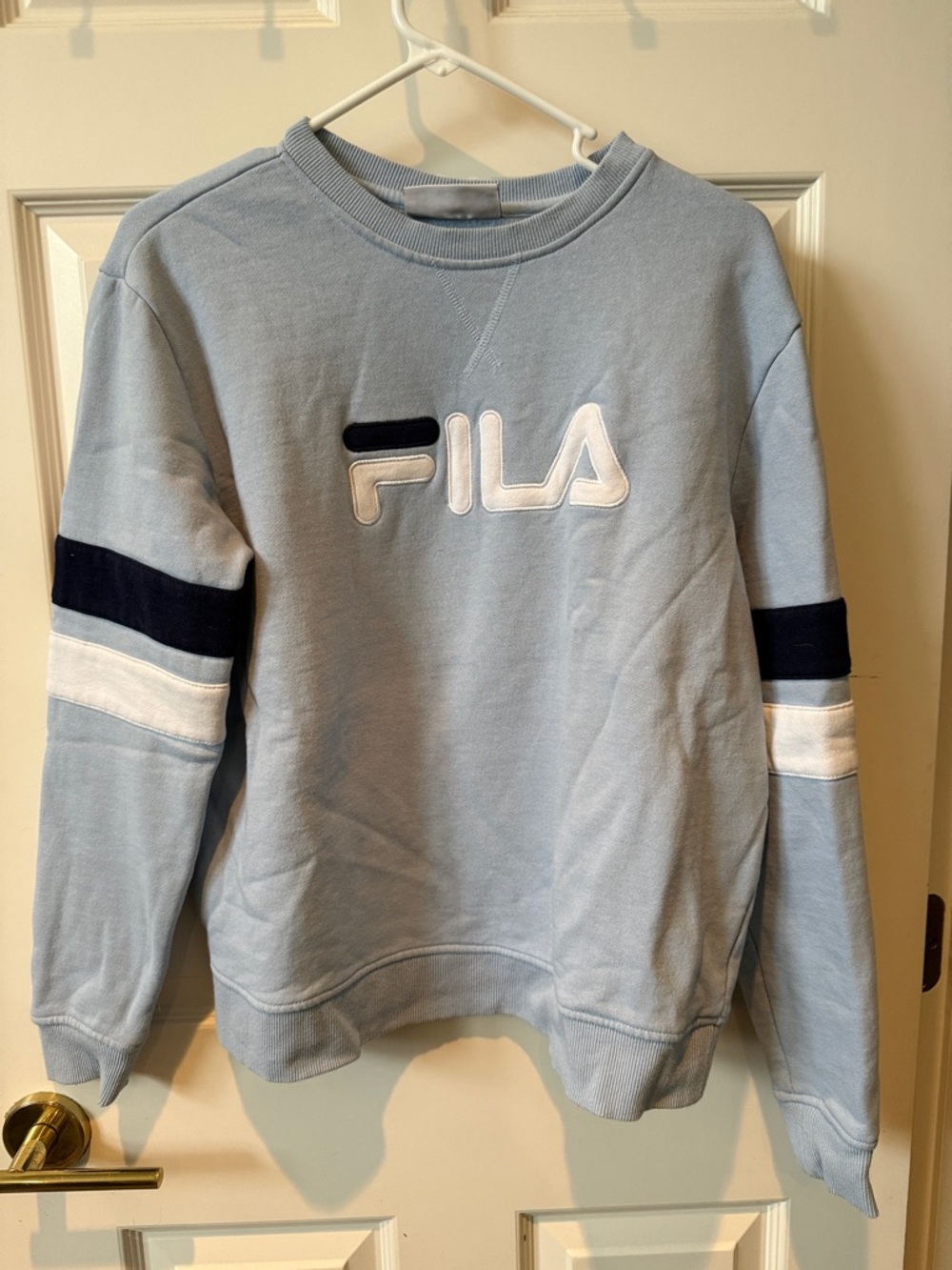 FILA Light Blue Crew Sweatshirt with Navy & White Sleeve Stripes